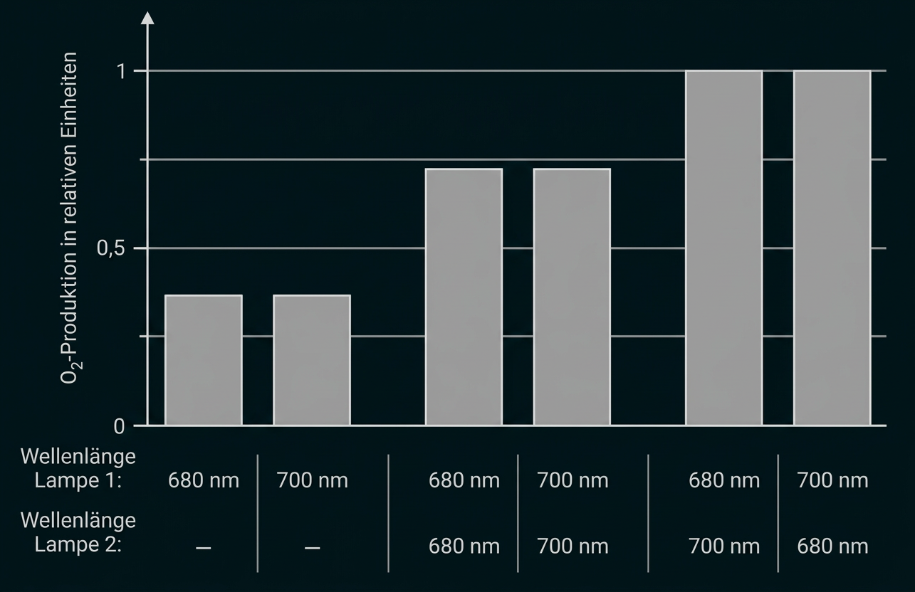 Balkendiagramm zur O₂-Produktion in Abhängigkeit von den Wellenlängen zweier Lampen.